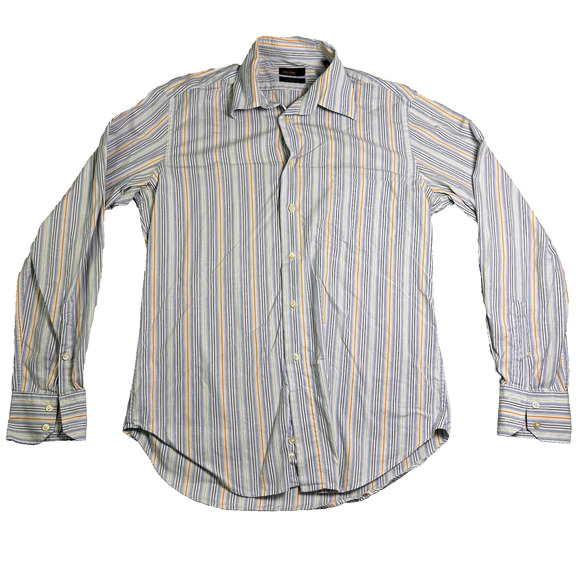 Zara Man Button Up Shirt Mens Medium Blue Orange 100% Cotton Striped Fall Formal - Picture 1 of 7